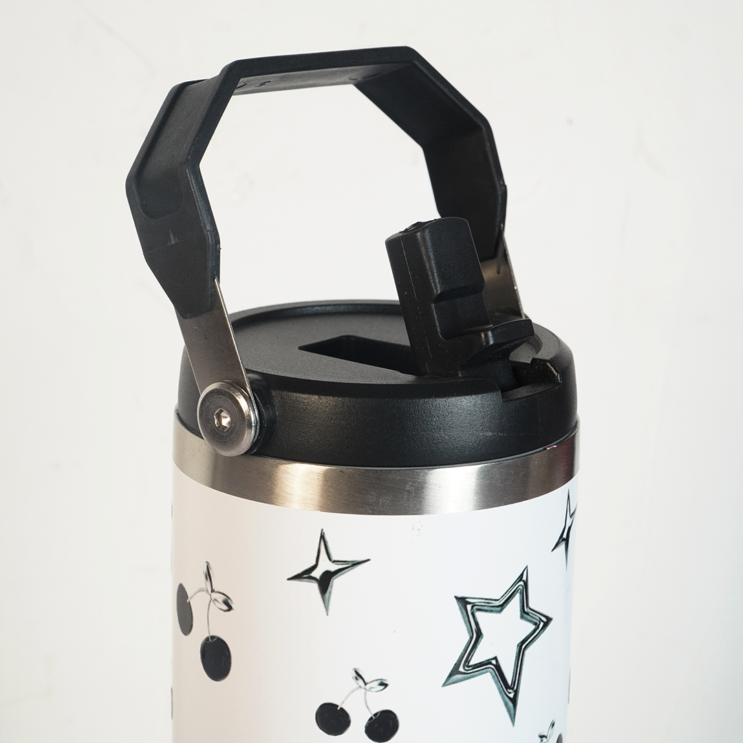 Star & Cherry Stainless Steel Tumbler with Handle | 1L Insulated Travel Mug