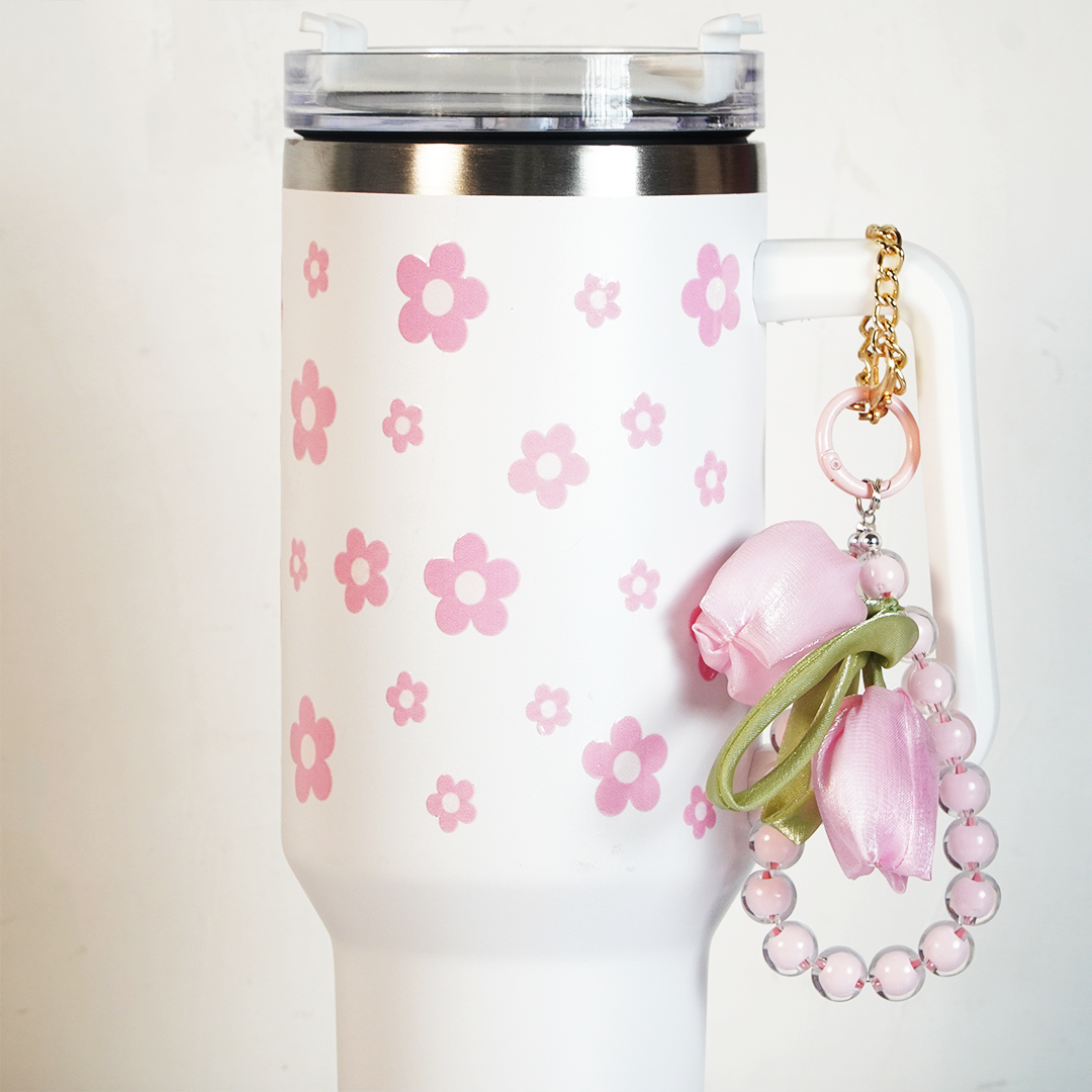 Pink Daisy Stainless Steel Tumbler with Charm | 1.2L Insulated Travel Mug