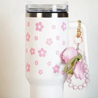 Pink Daisy Stainless Steel Tumbler with Charm | 1.2L Insulated Travel Mug