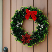 Christmas Green Wreath with Red Bow & Poinsettia