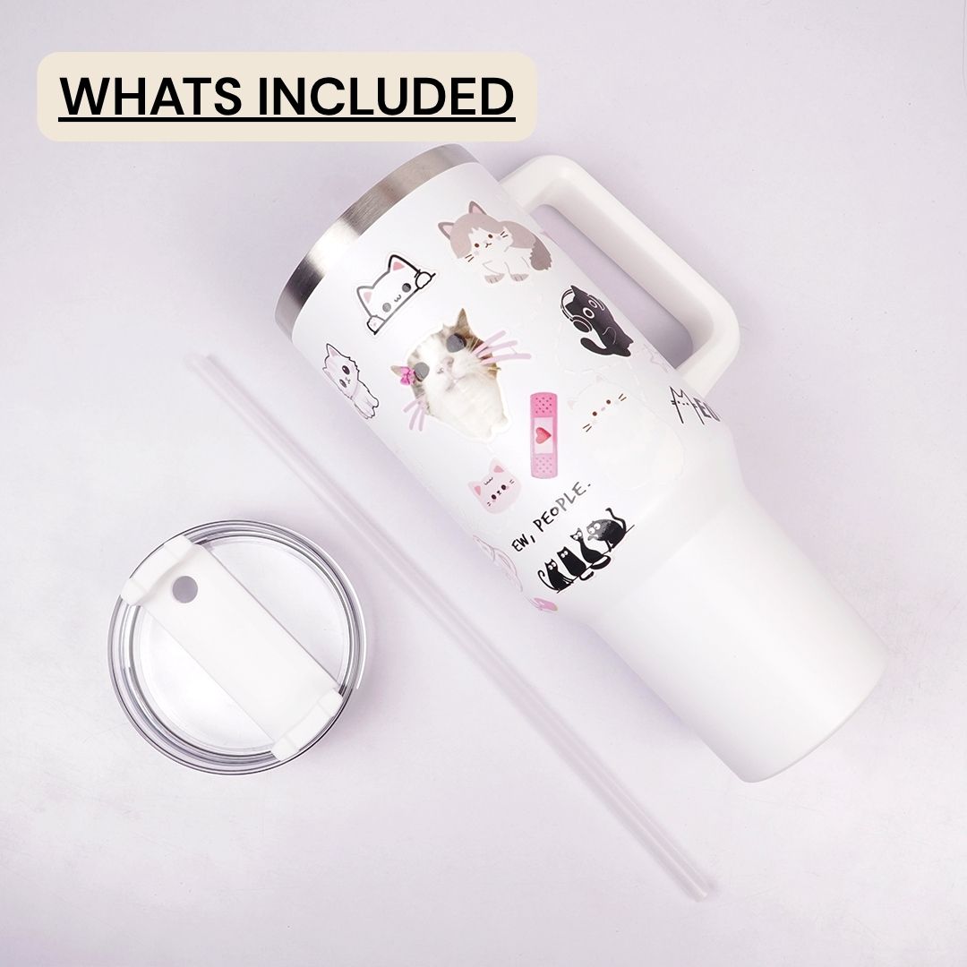 White Cat Print Tumbler with Straw & Handle – Cute Aesthetic Travel Coffee Cup