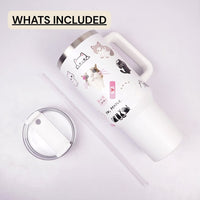 White Cat Print Tumbler with Straw & Handle – Cute Aesthetic Travel Coffee Cup
