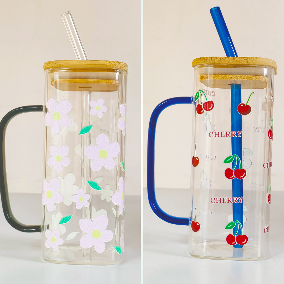Stylish Glass Tumblers with Bamboo Lids & Handles | Floral & Cherry Design | Set of 2