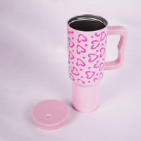Soft Pink  Heart Leopard Print Travel Tumbler with Handle & Straw