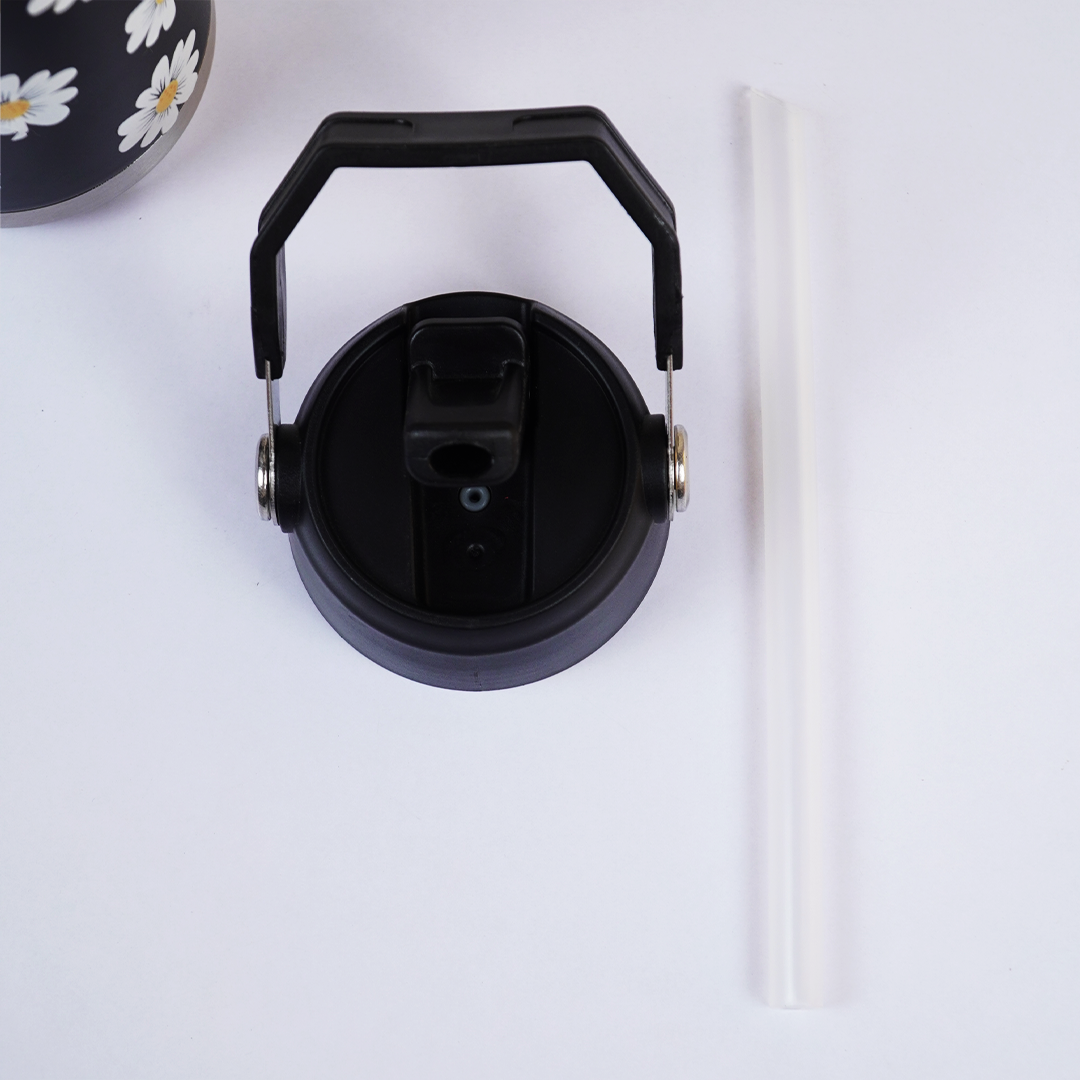 Daisy Print Black Stainless Steel Water Bottle