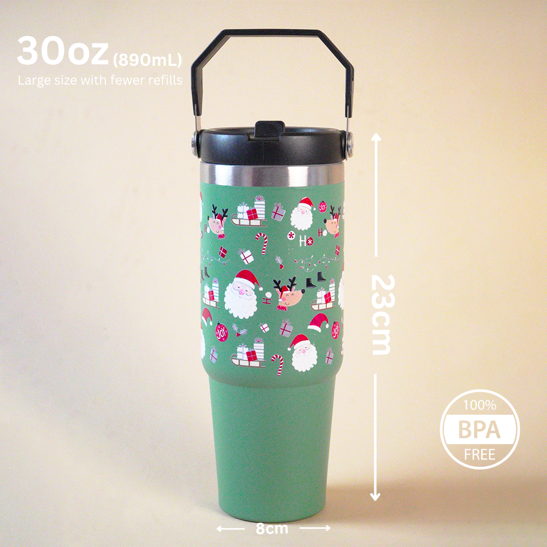 Jolly Santa & Reindeer Green Christmas Tumbler