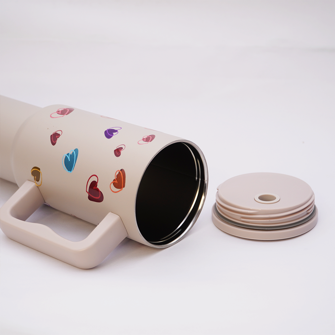 Rainbow Heart Stainless Steel Travel Tumbler with Handle | Double Wall Insulated & Leakproof