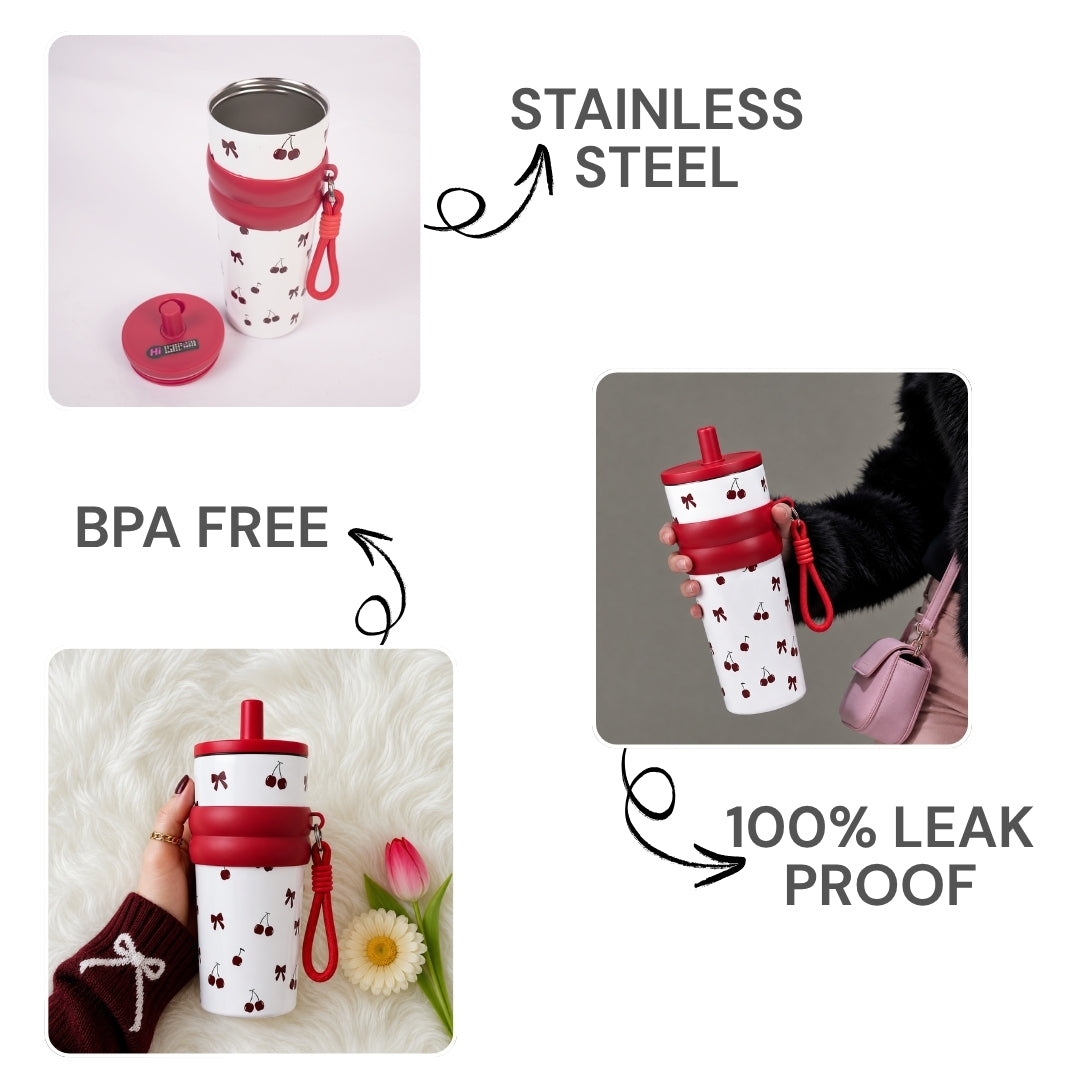 Cherry Print Stainless Steel Insulated Tumbler with Straw & Carry Loop