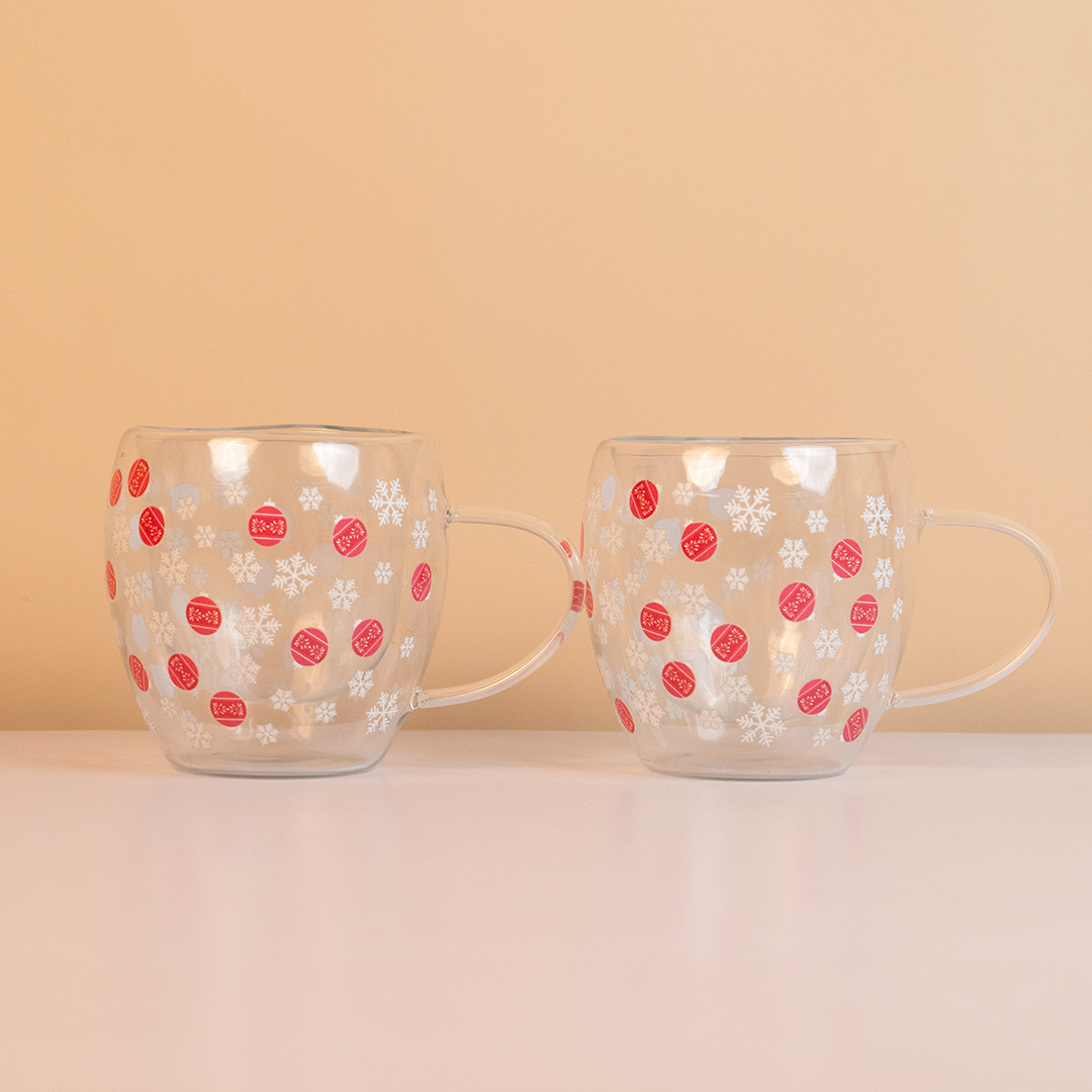 Set-2 Double Wall Glass Mug – Snowflake & Ornament Design