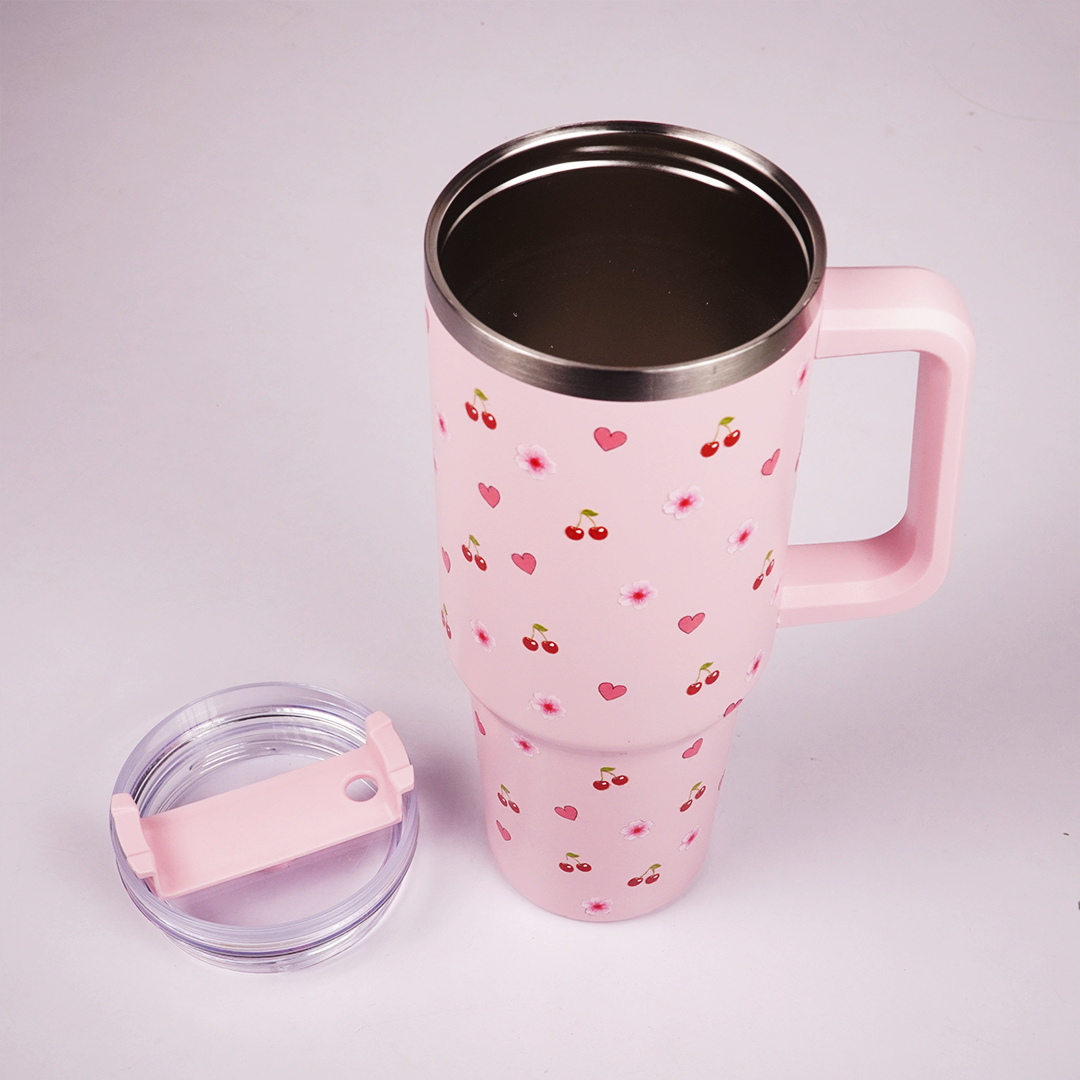 Pink Cherry & Floral Print Tumbler – Insulated Travel Tumbler with Handle & Straw