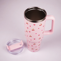 Pink Cherry & Floral Print Tumbler – Insulated Travel Tumbler with Handle & Straw
