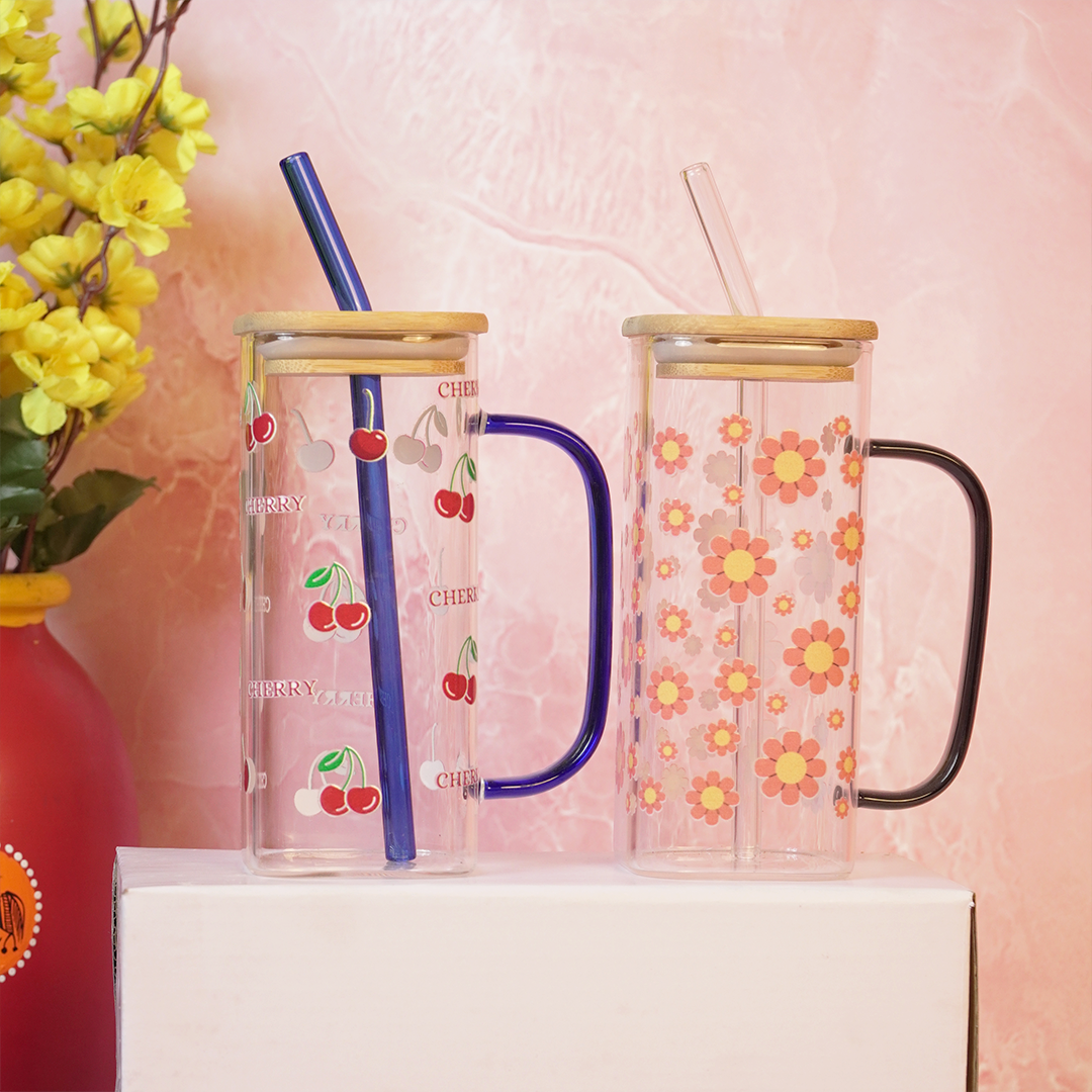 Set-2 Cherry & Floral Glass Cup with Bamboo Lid & Straw