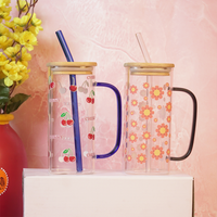 Set-2 Cherry & Floral Glass Cup with Bamboo Lid & Straw