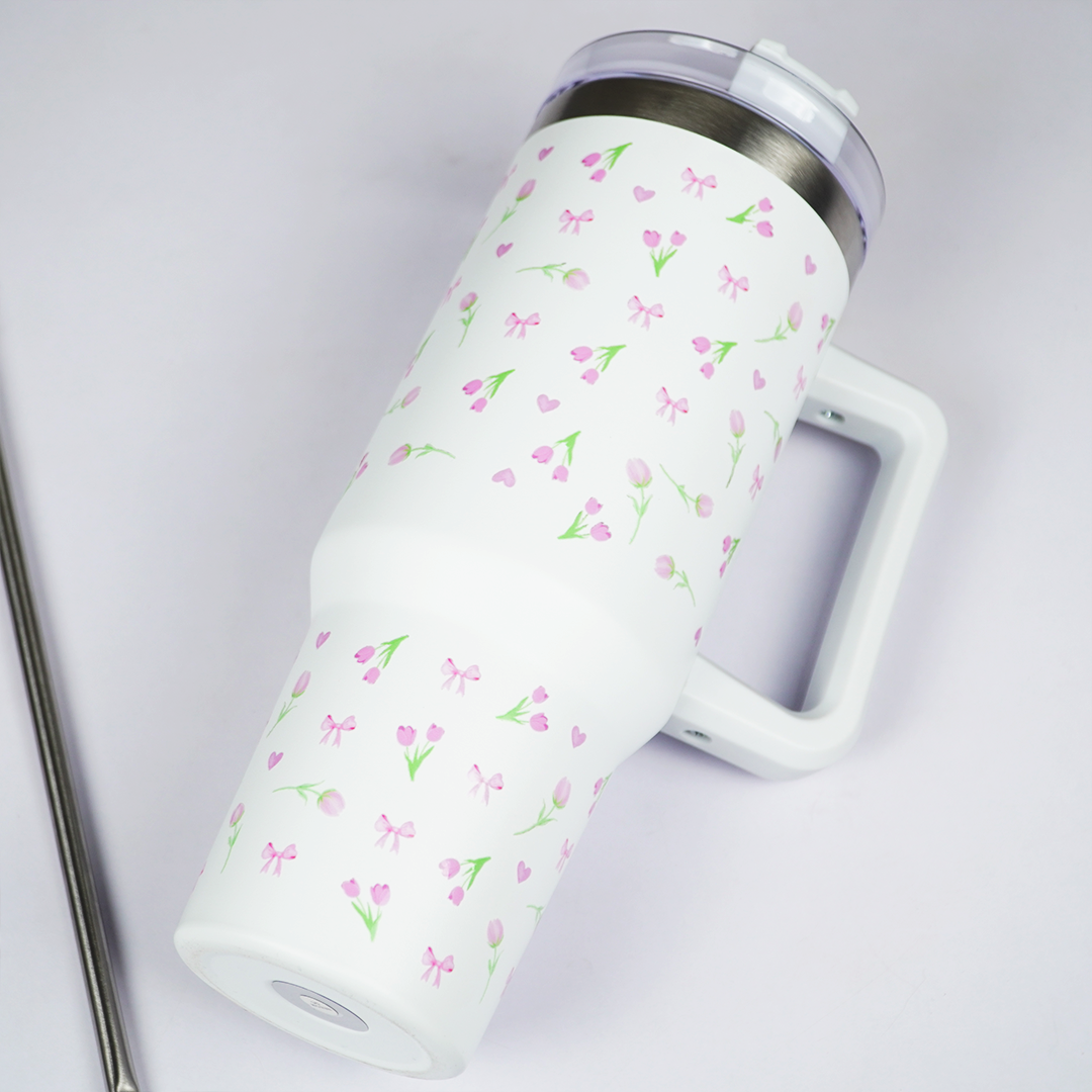Floral Stainless Steel Insulated Tumbler with Handle & Straw – 1200ml Leakproof Travel Mug | Height 27cm, Width 7cm