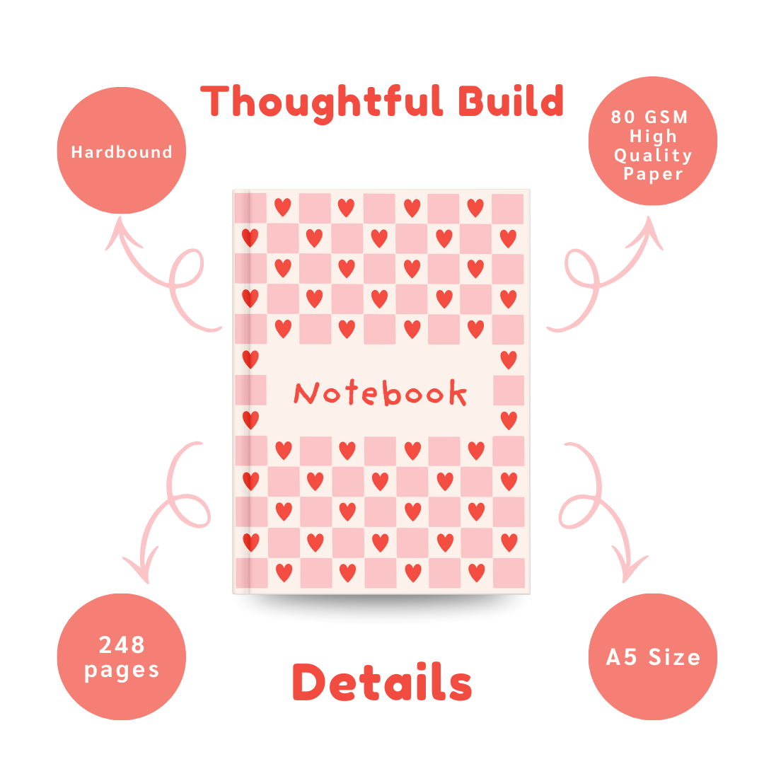 Cute Heart Pattern Notebook | Aesthetic Pink Checkered Journal for Notes, Planning & Daily Writing