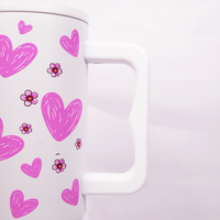 Pink Floral Heart Print White  Travel Tumbler with Handle & Straw