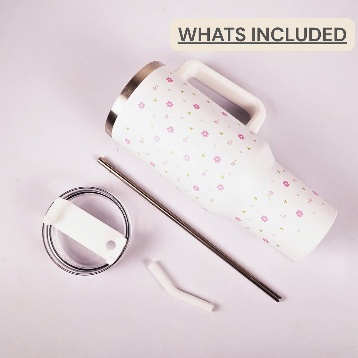 Delicate Pink Flower Tumbler with Handle & Straw