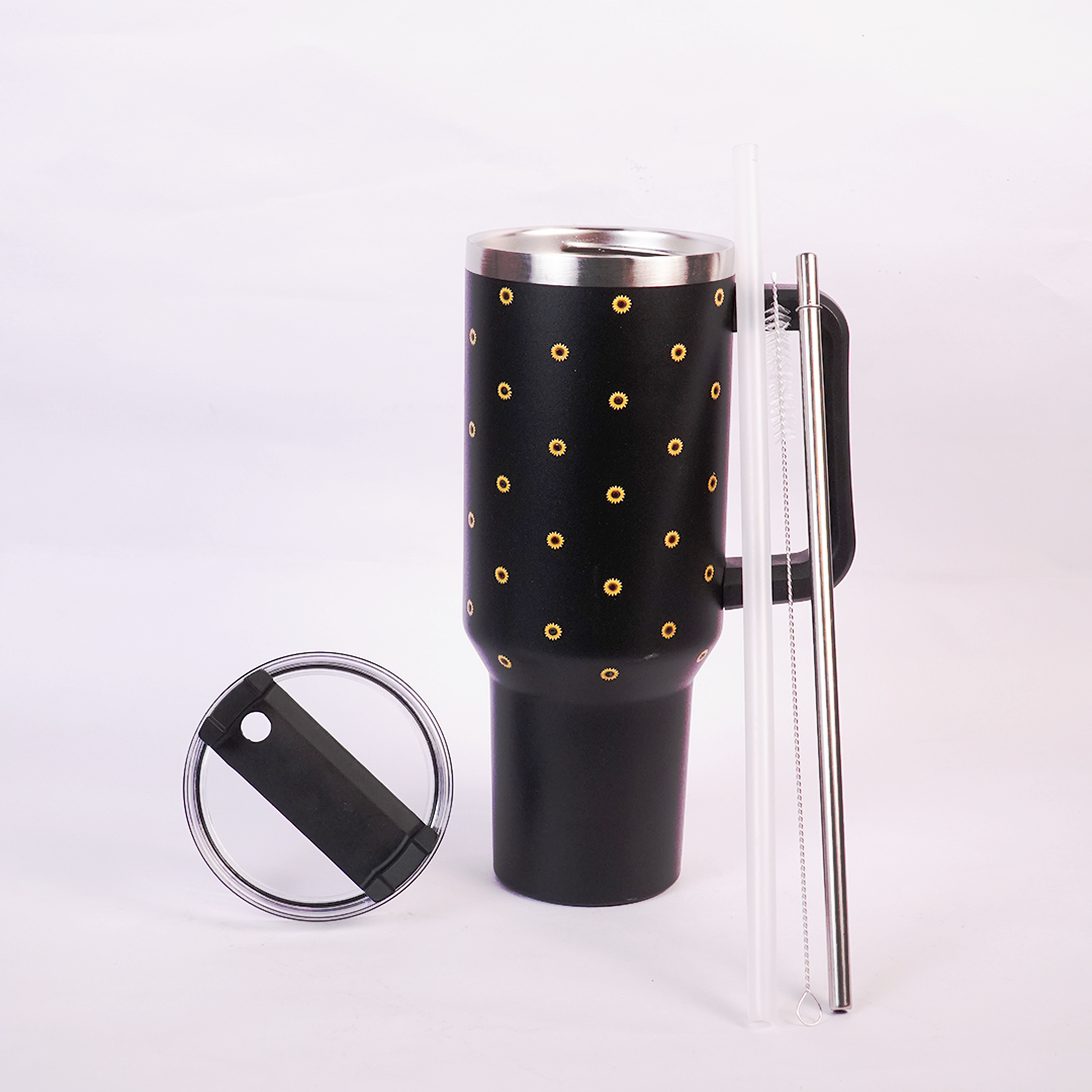 Black Sunflower Tumbler with Handle & Straw – Cute Floral Reusable Travel Cup for Women & Girls