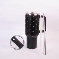 Black Sunflower Tumbler with Handle & Straw – Cute Floral Reusable Travel Cup for Women & Girls