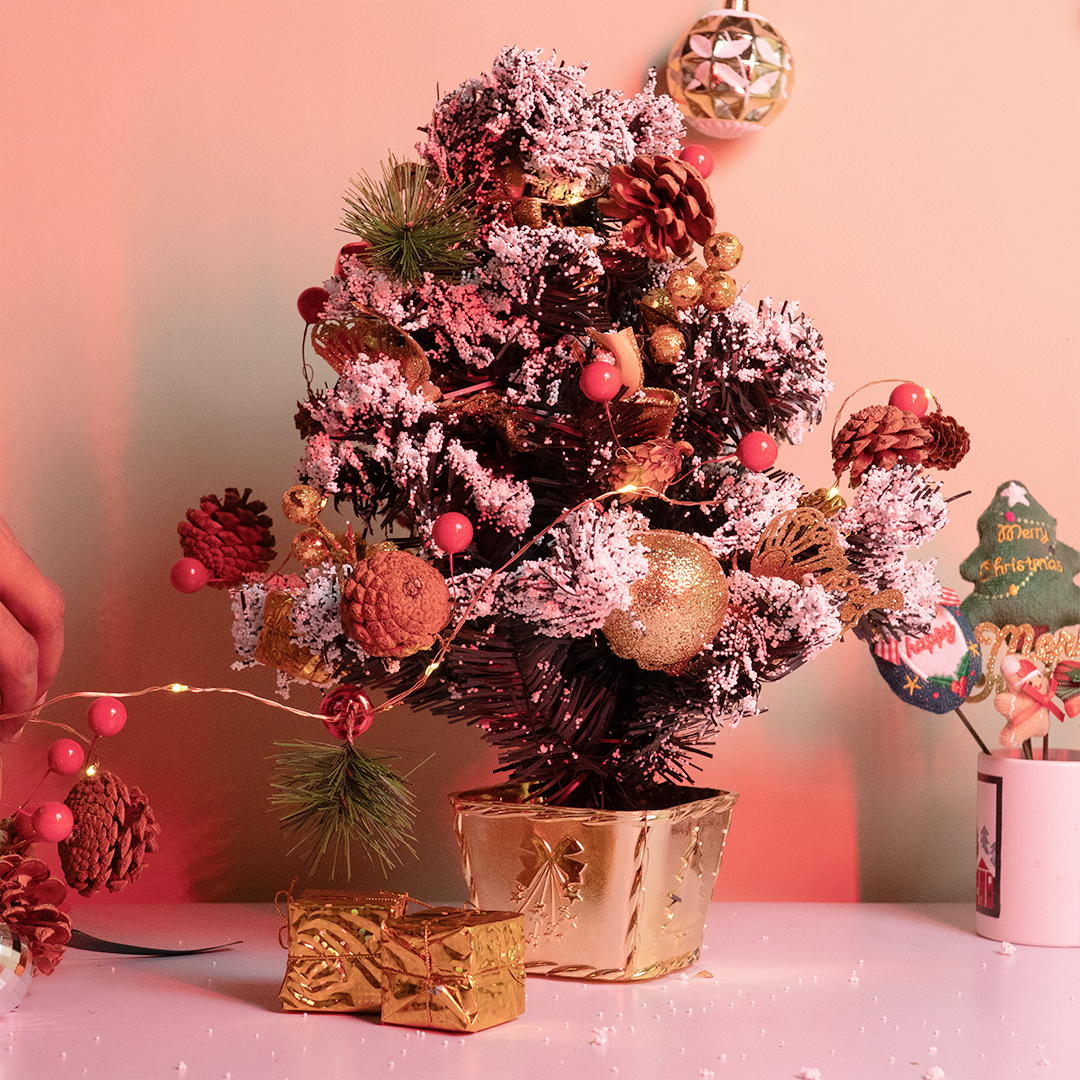 Snow-Frosted Mini Christmas Tree with Golden Decorations ( Random colors)