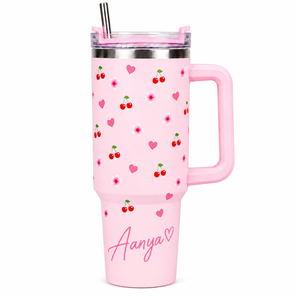 Personalised Pink Cherry & Floral Print Tumbler – Insulated Travel Tumbler with Handle & Straw