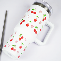 1200ml Cherry Print Insulated Stainless Steel Tumbler with Handle & Straw | Leakproof Travel Mug | Hot & Cold Beverage Cup | Height 27 cm, Width 7 cm