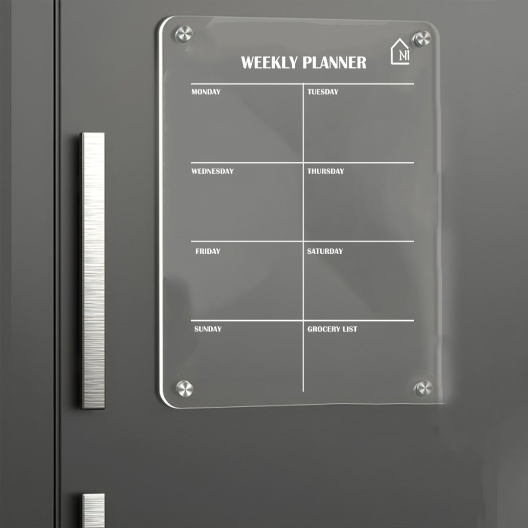 Acrylic Weekly Magnetic Planner Board – Fridge Organizer with Grocery List, Marker & Rag