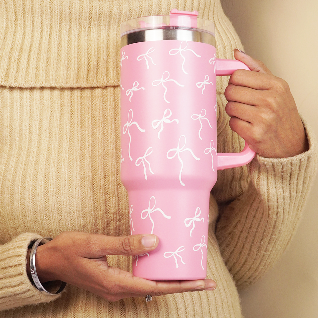 Pink Bow Insulated Tumbler with Handle & Straw