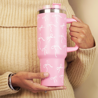 Pink Bow Insulated Tumbler with Handle & Straw