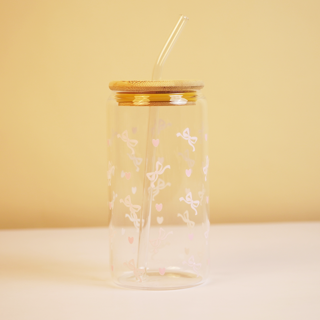 Cute Pink Bow Print Glass Tumbler with Bamboo Lid & Straw