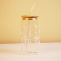 Cute Pink Bow Print Glass Tumbler with Bamboo Lid & Straw