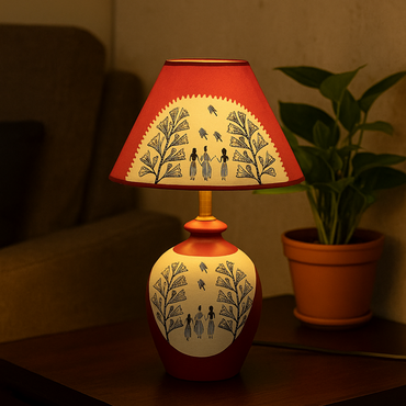 Mud Pot Table Lamp with Hand-Painted Warli Art(Red and White Warli Art)