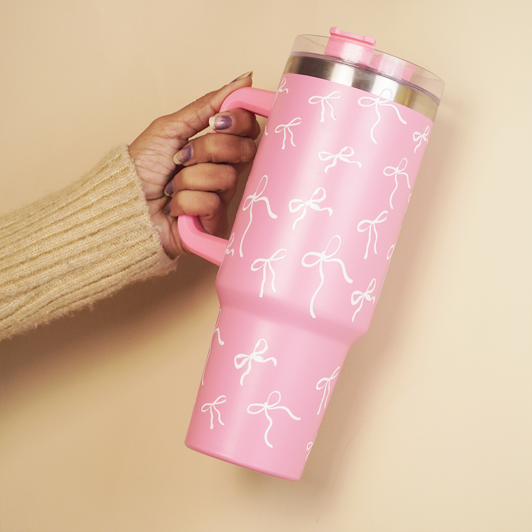 Pink Bow Insulated Tumbler with Handle & Straw