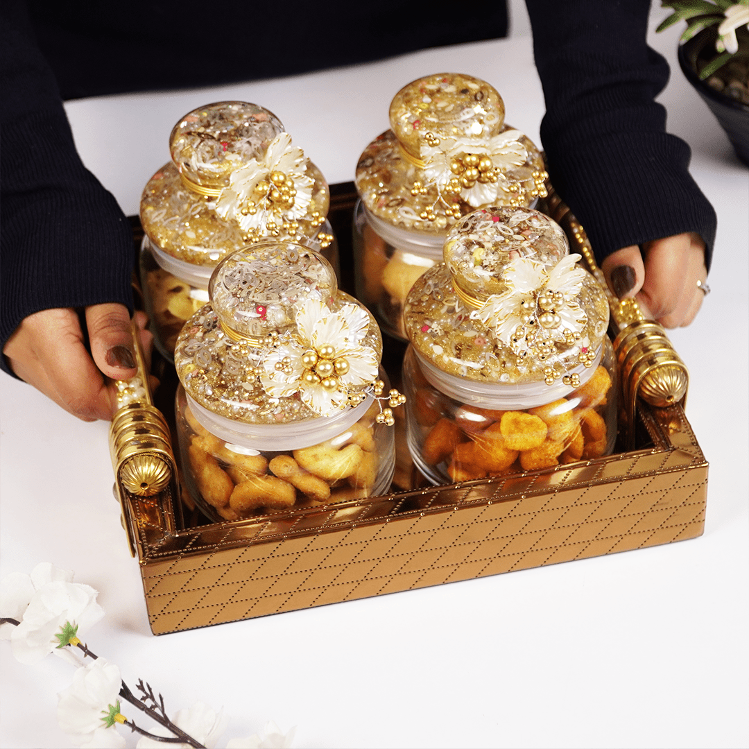 Set-4 Luxury Decorative Glass Storage Jars Set with Golden Tray - Memories InsiteLUXURY DECOREATIVE GLASS JAR SET OF 4