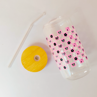Glass Tumbler Combo – Cherry & Panda Design with Bamboo Lid & Straw (Set of 2)