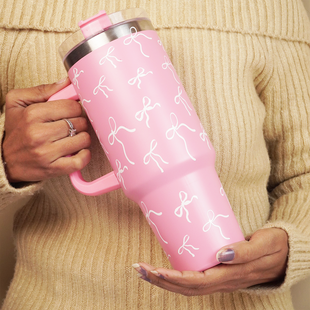 Pink Bow Insulated Tumbler with Handle & Straw