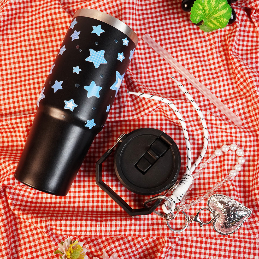 Star Print Tumbler with Handle & Straw | Reusable Travel Cup | Stylish Everyday Drinkware