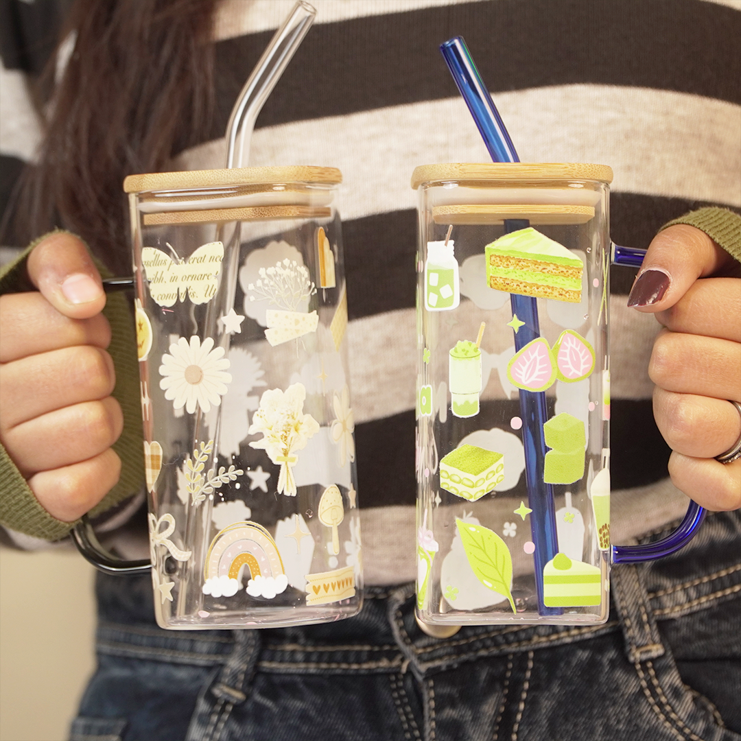 Set -2 Cute Printed Glass Mug with Bamboo Lid & Straw