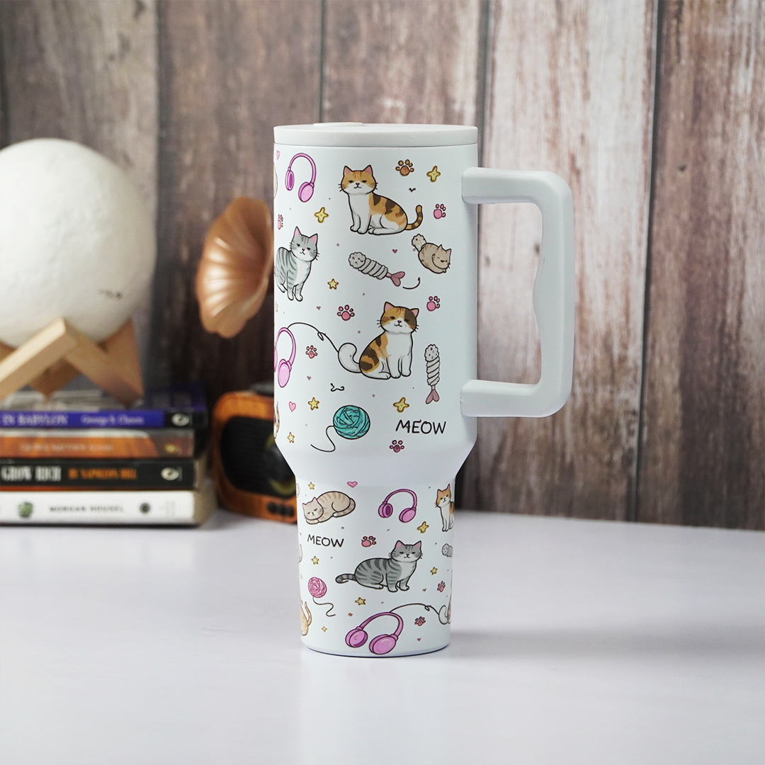 Meow Cat Insulated Tumbler— Leakproof & Insulated (White)