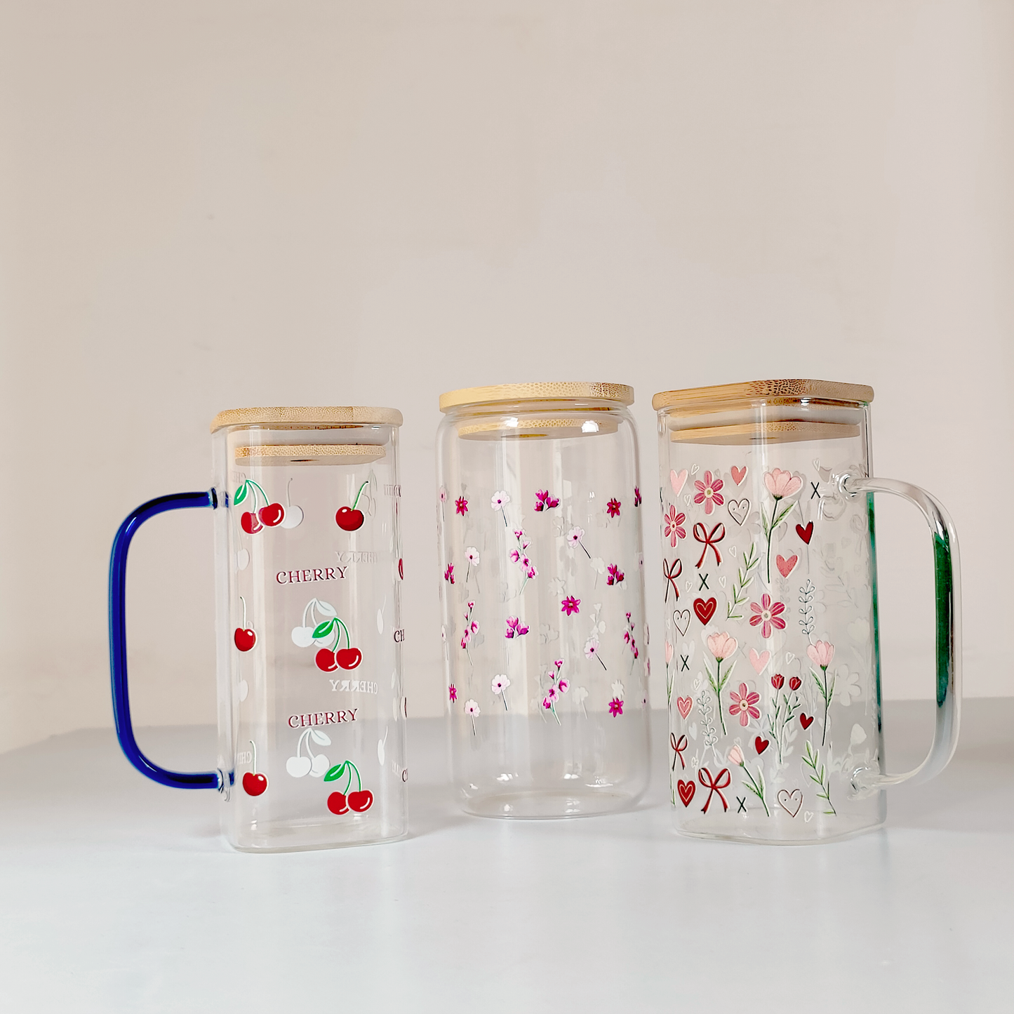 Pink Blossom Glass Tumbler with Bamboo Lid & Straw – Elegant Floral Drinkware