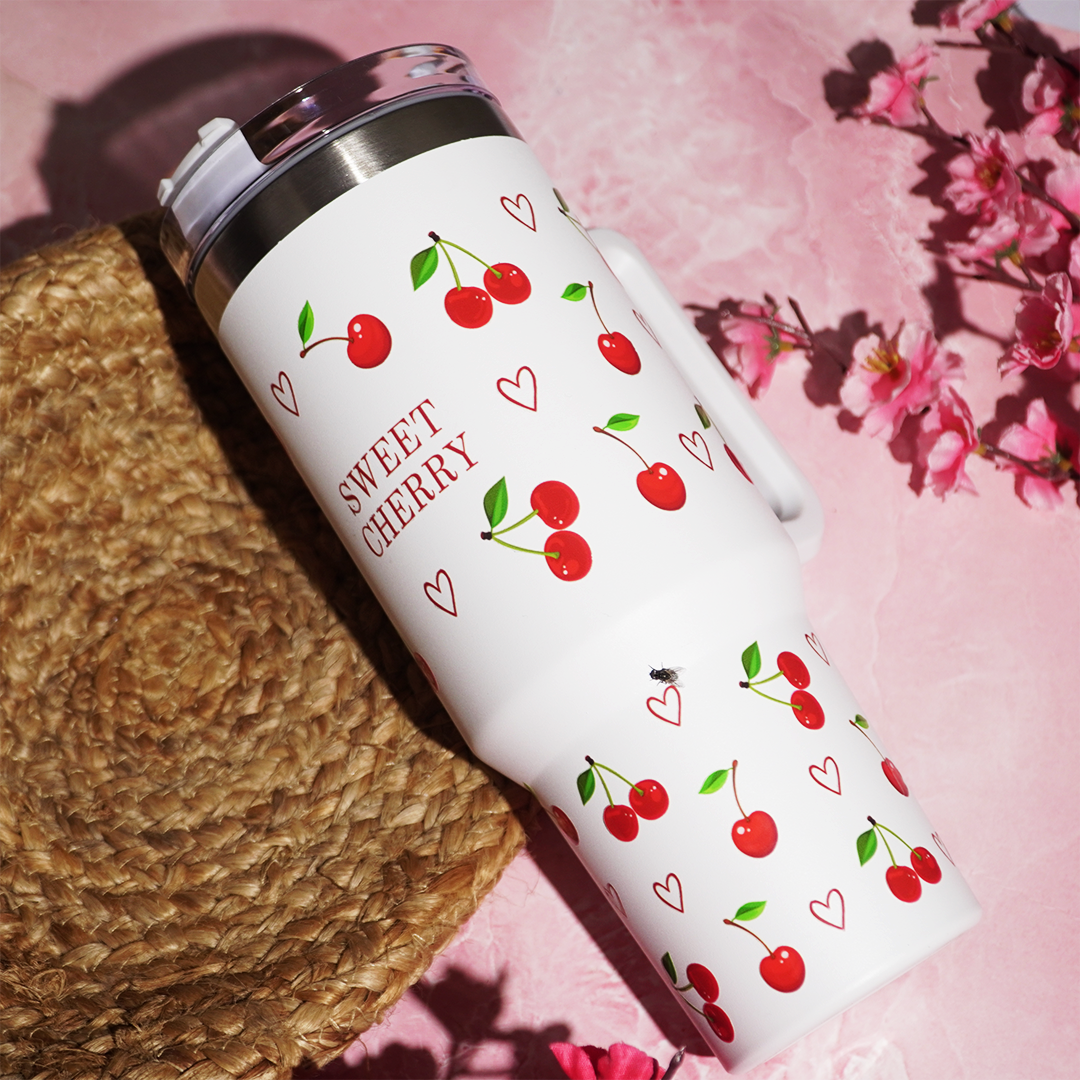 1200ml Cherry Print Insulated Stainless Steel Tumbler with Handle & Straw | Leakproof Travel Mug | Hot & Cold Beverage Cup | Height 27 cm, Width 7 cm