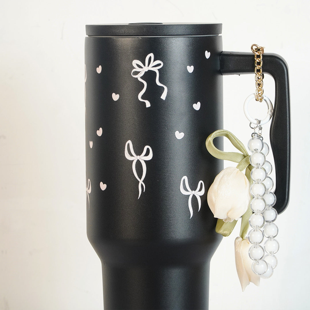 Aesthetic Bow Print Black Stainless Steel Tumbler with Floral Charm