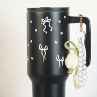 Aesthetic Bow Print Black Stainless Steel Tumbler with Floral Charm