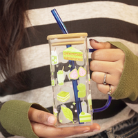 Set -2 Cute Printed Glass Mug with Bamboo Lid & Straw