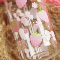 Cute Pink Strawberry Glass Sipper Bottle With Bamboo Lid & Straw