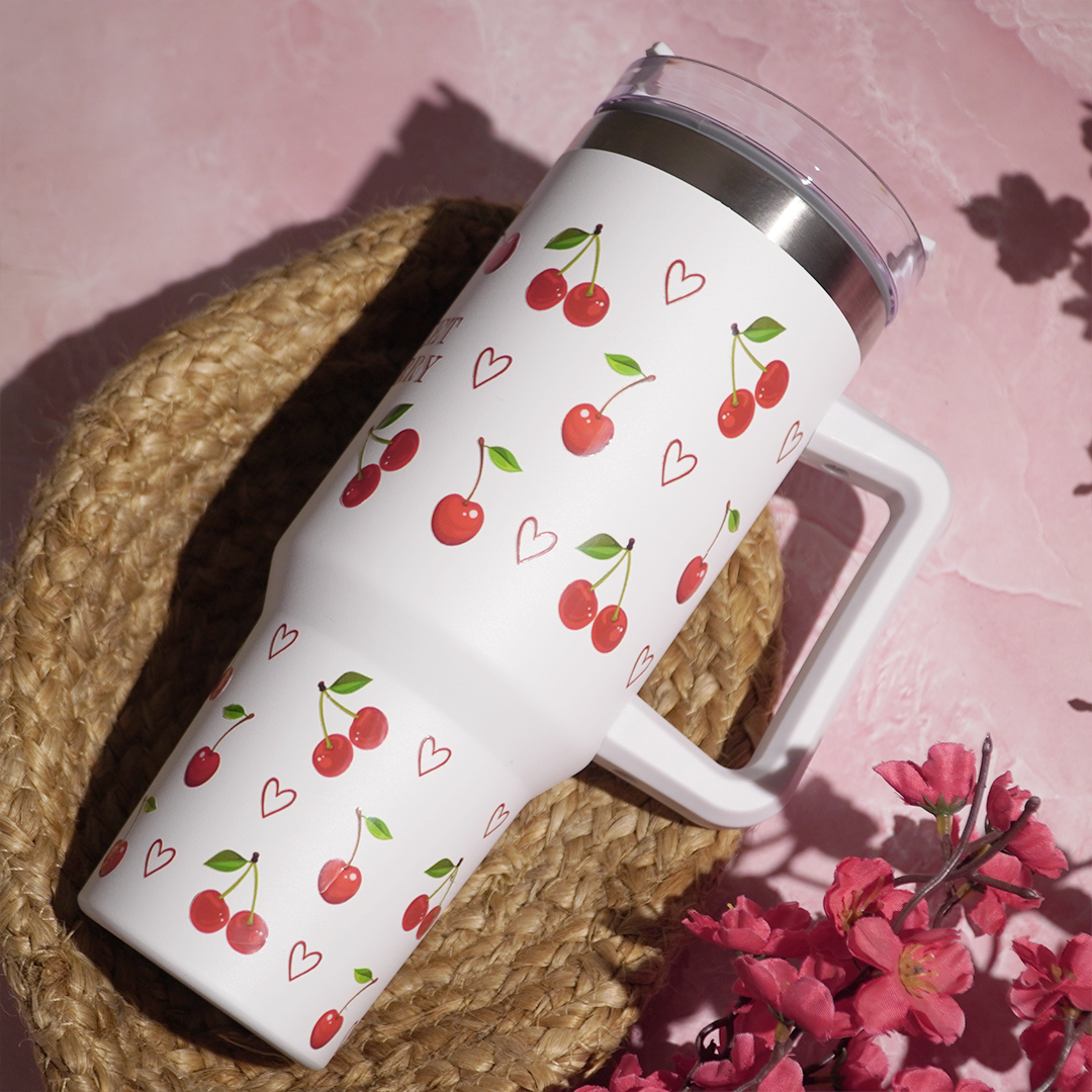 1200ml Cherry Print Insulated Stainless Steel Tumbler with Handle & Straw | Leakproof Travel Mug | Hot & Cold Beverage Cup | Height 27 cm, Width 7 cm