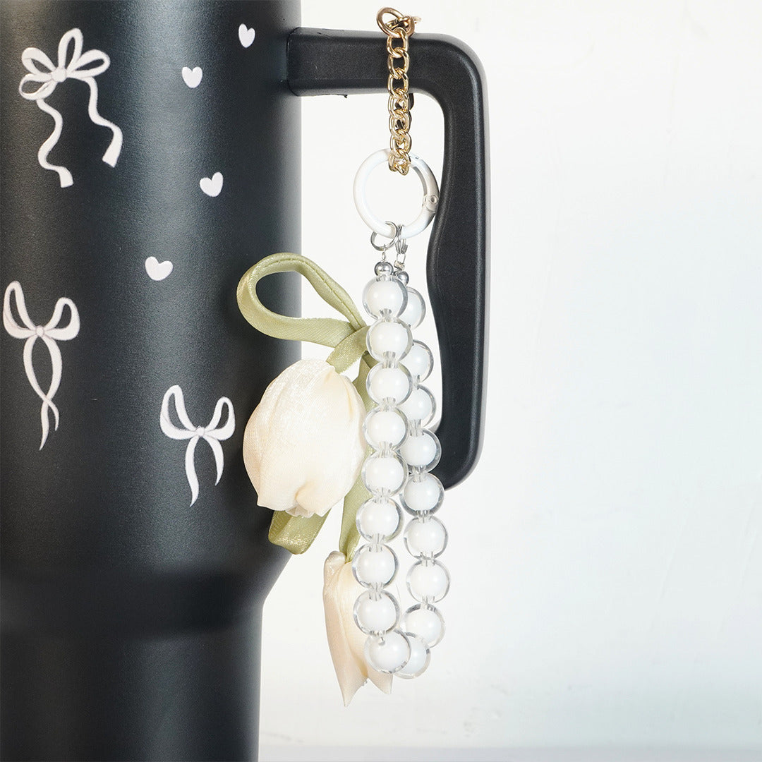 Aesthetic Bow Print Black Stainless Steel Tumbler with Floral Charm