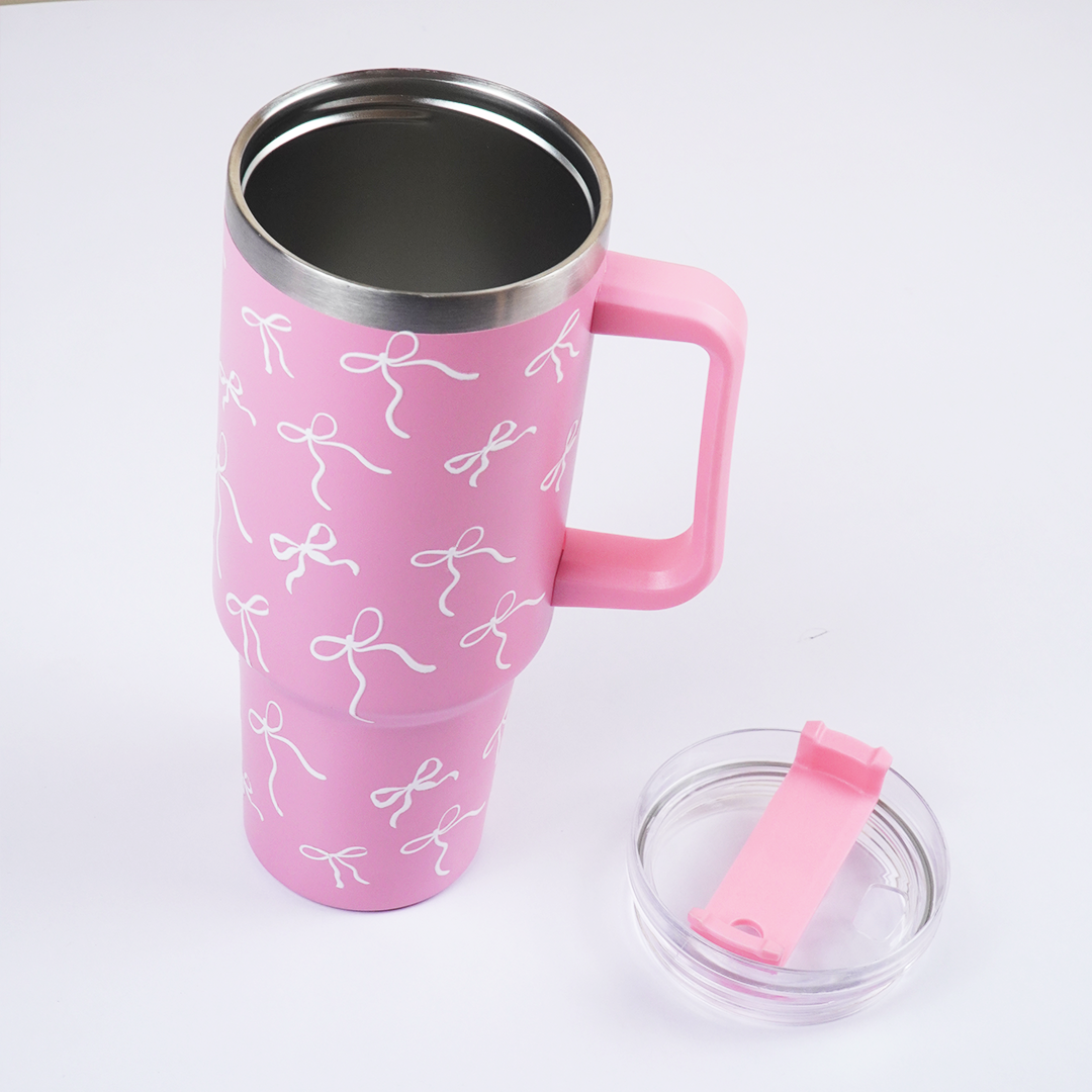 Pink Bow Insulated Tumbler with Handle & Straw