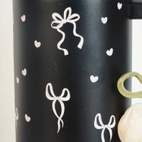 Aesthetic Bow Print Black Stainless Steel Tumbler with Floral Charm
