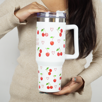 1200ml Cherry Print Insulated Stainless Steel Tumbler with Handle & Straw | Leakproof Travel Mug | Hot & Cold Beverage Cup | Height 27 cm, Width 7 cm